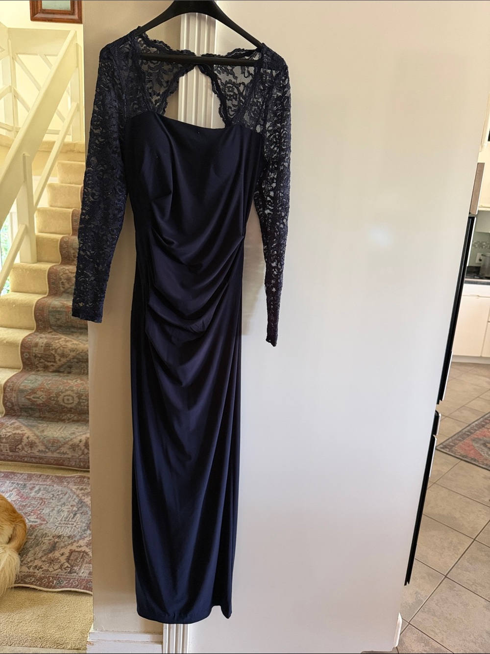 Betsy & Adam navy Long Lace Sleeve Evening Gown - Picture 2 of 5
